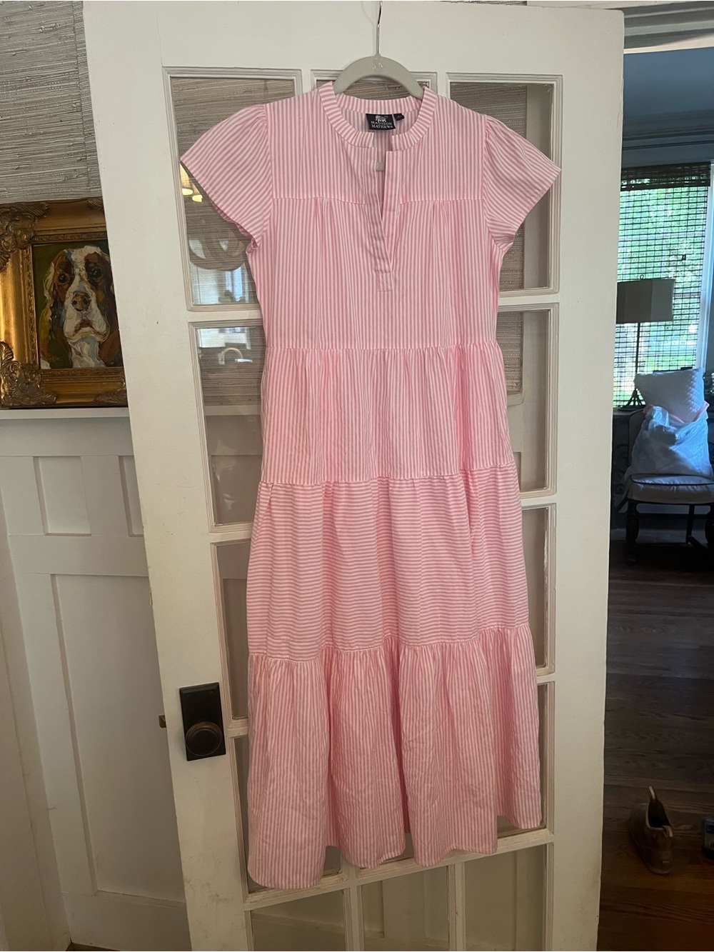 Madison Mathews Pink and White Striped Tiered Maxi Dress